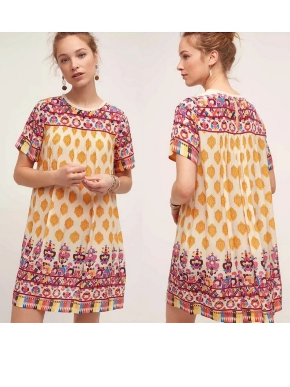 Cream and Yellow Printed Mini Dress with Multicolor Embroidery Sz Small